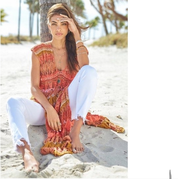 FREE PEOPLE Into The Flames Orange Crochet Side Slit Maxi Bikini Cover Up M/L - Picture 3 of 10